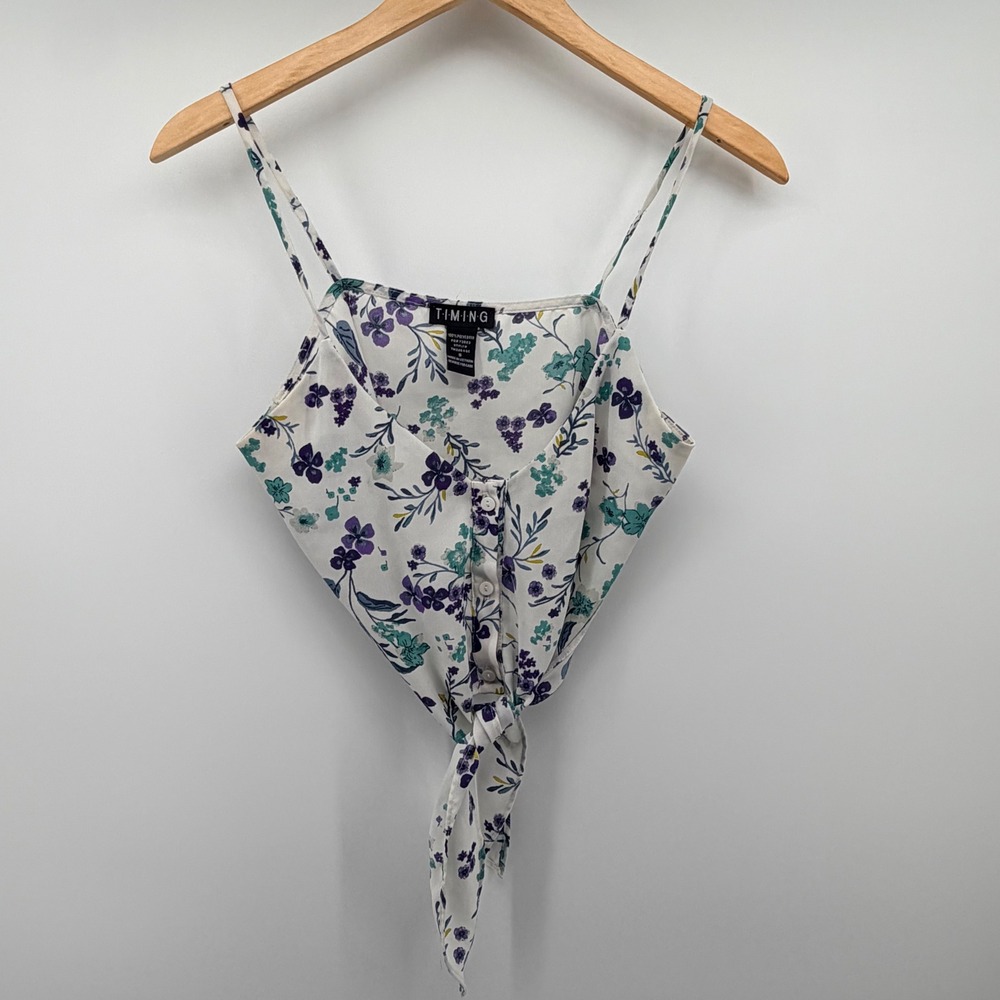Timing Cami Top Womens Small White Purple Floral Tie Front Button Handkerchief